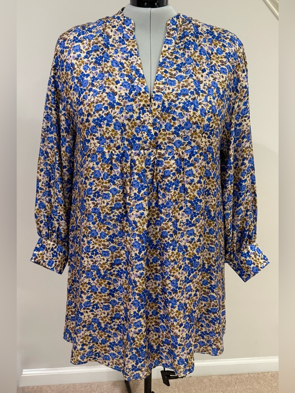 Sezane Bohemia Mini Dress Blue Floral 46 14 Silk Blend NWT